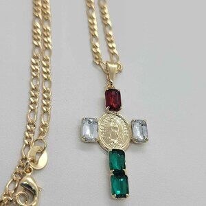 Brand New Brazilian 18k Gold Filled Virgen De Guadalupe W/ Mexican Flag Necklace